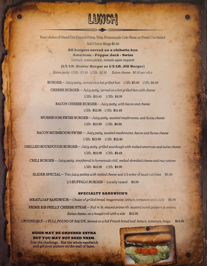 The menu at Buster's Restaurant and Saloon