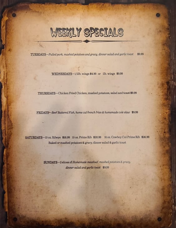 The menu at Buster's Restaurant and Saloon